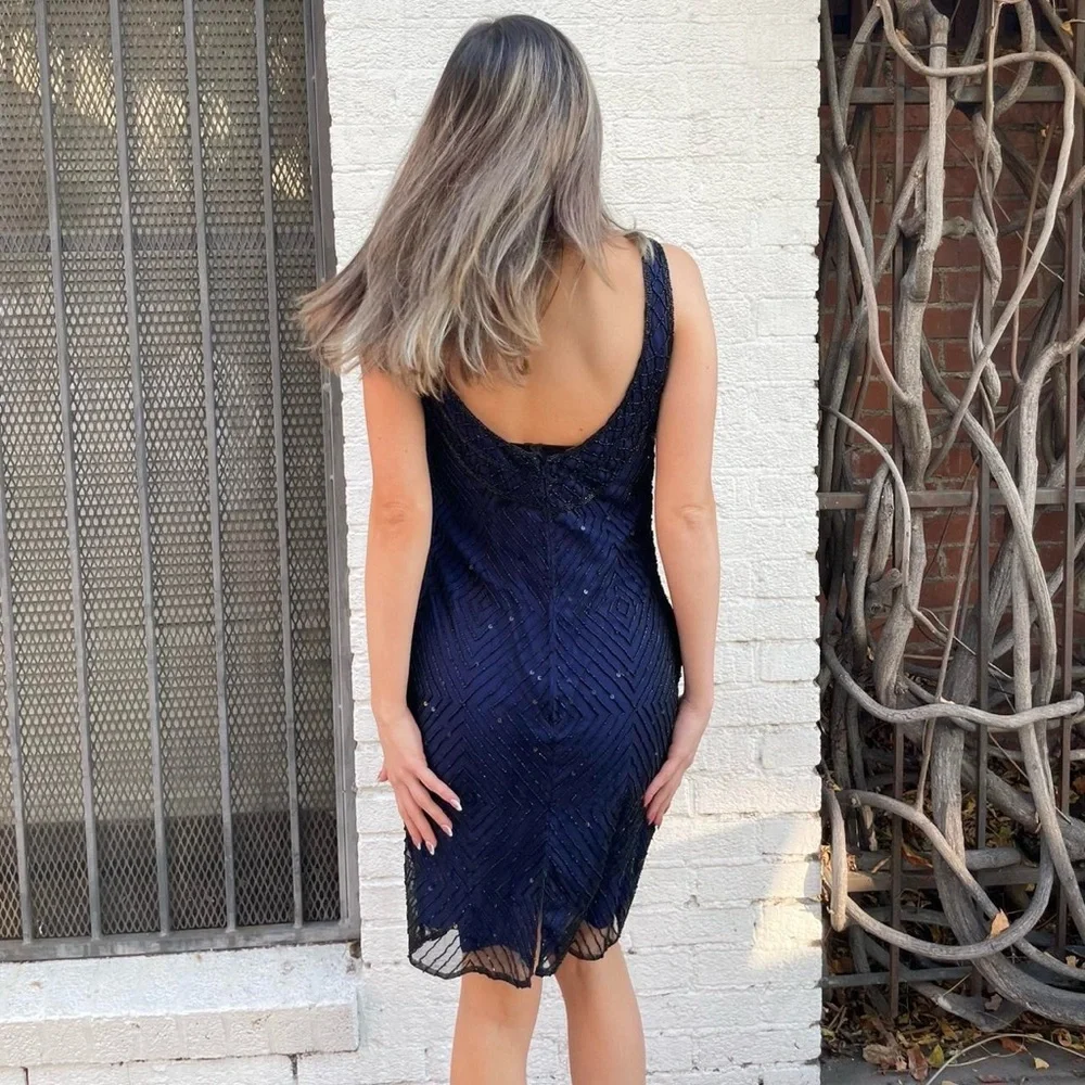 NWT Vintage Laurence Kazar Navy blue beaded sequins dress sz s